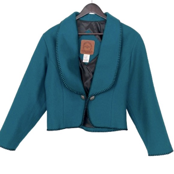 Vintage Western Cropped Jacket Wool Teal Turquoise Southwestern Silver Buttons - Picture 2 of 13